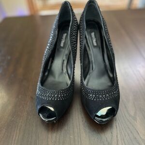 Black Stiletto Heels with Sparkling Embellishments and Bag